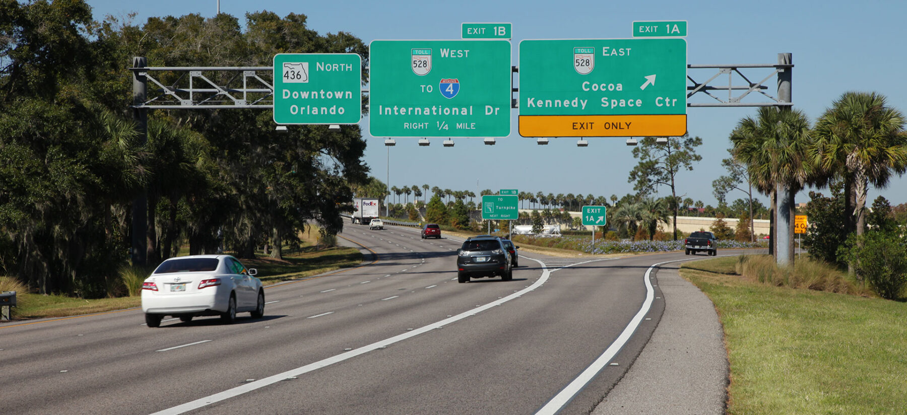 Exit to State Road 436 North, State Road 528 West to Interstate 4 and International Drive, and State Road 528 East to Cocoa Beach Kennedy Space Center