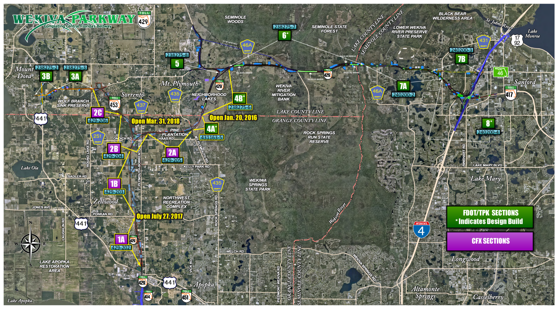 Wekiva Parkway Map indicating opening dates for new sections