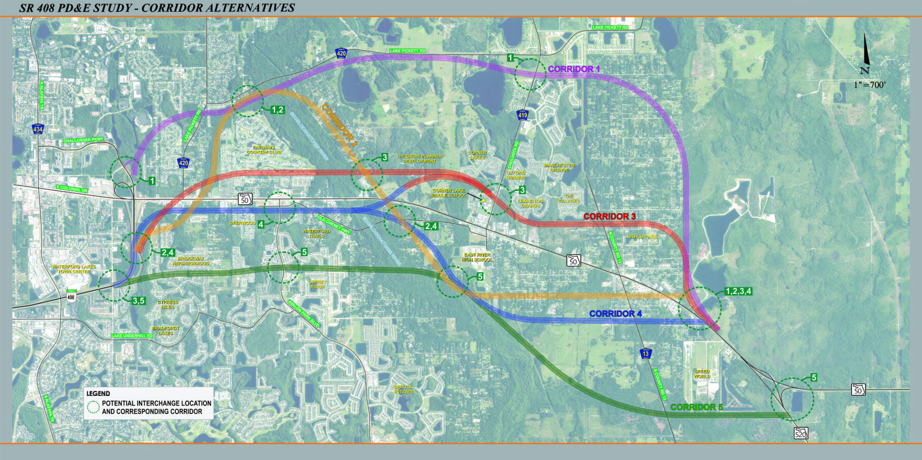 State Road 408 Eastern Extension PD&E Study possible corridors