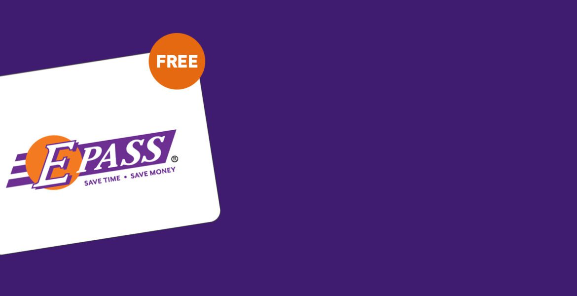 Promotional banner with a tilted white card on a purple background, featuring an orange FREE badge and an EPass logo.