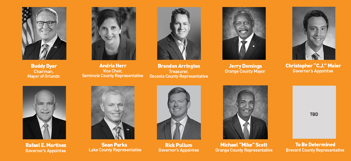2026-05-01+CFX+Website+Board Organizational Chart+CFX Orange+ Grid of grayscale headshots on an orange background showing officials' names and titles; includes a 'TBD' placeholder.