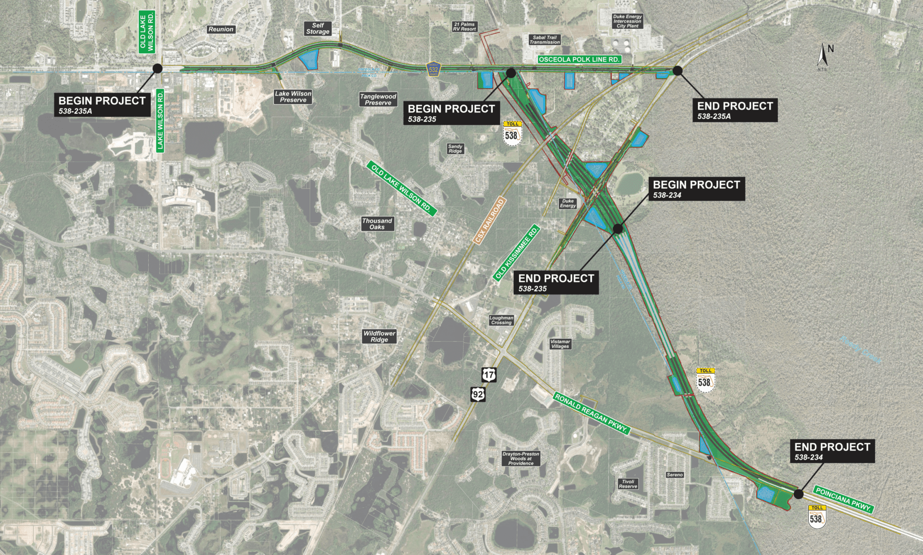 Map view showing a highway project with multiple start and end points labeled 'BEGIN PROJECT' and 'END PROJECT' along US Route 538 and nearby roads like Osceola Polk Line Rd and Lake Wilson Rd.
