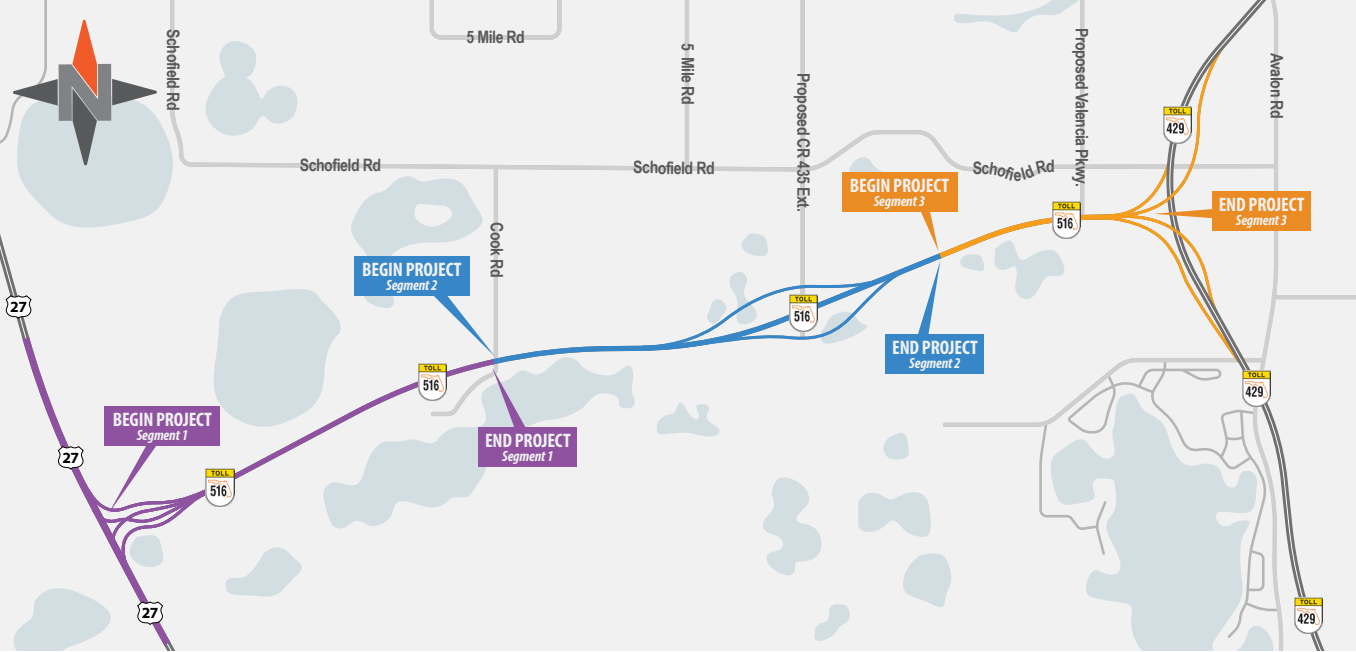 SR 516 Map Map of a multi-segment project route with colored lines and 'Begin Project'/'End Project' labels for Segments 1–3.